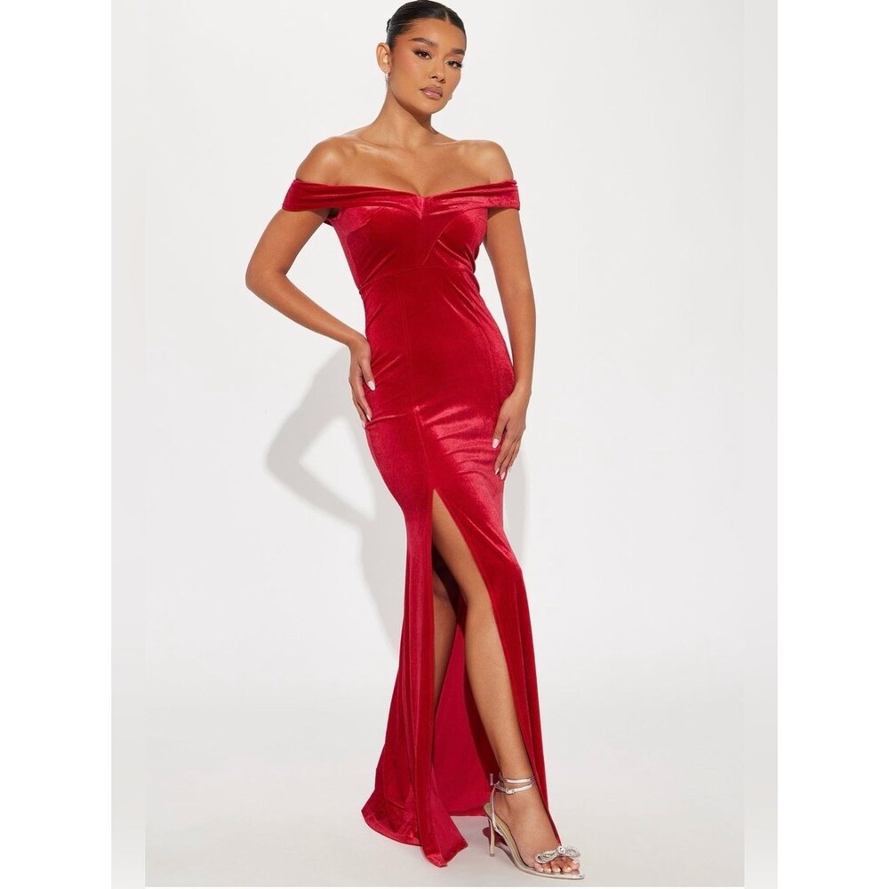 Fashion Nova Red Velvet Off-Shoulder Maxi Dress High Slit NWT XS S